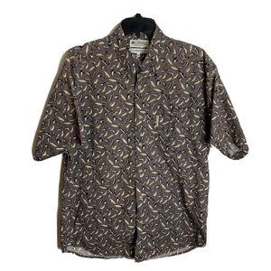 Columbia Mens Short Sleeve Button Down Fish Pattern Shirt‎ Brown Size Medium